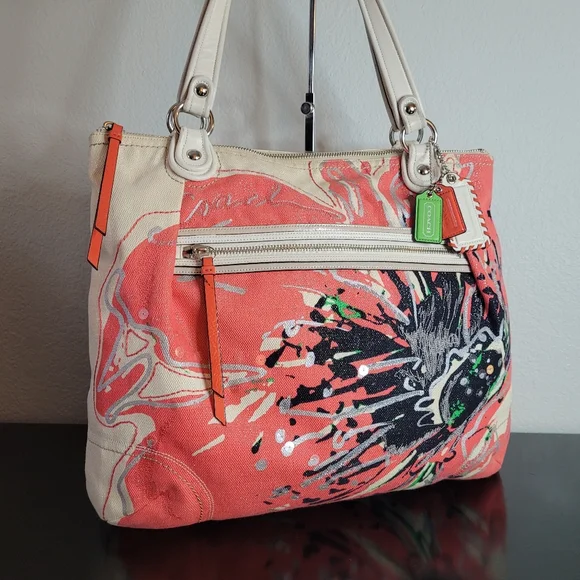 Coach Poppy Signature Coral Ivory Canvas Sequin Glam Shoulder Bag - Picture 3 of 16